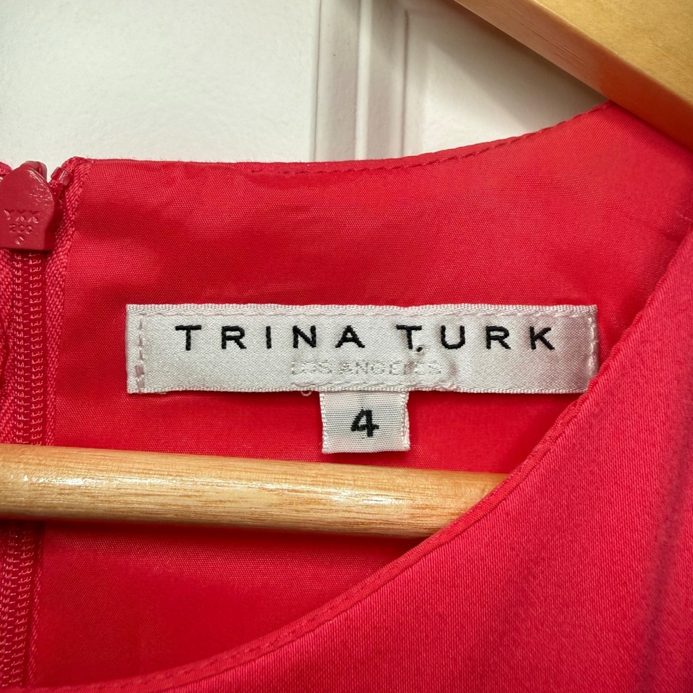 Trina Turk Palm Tree Shift Dress Women 4 Coral Pink Excellent Tropical High Neck - Picture 3 of 12